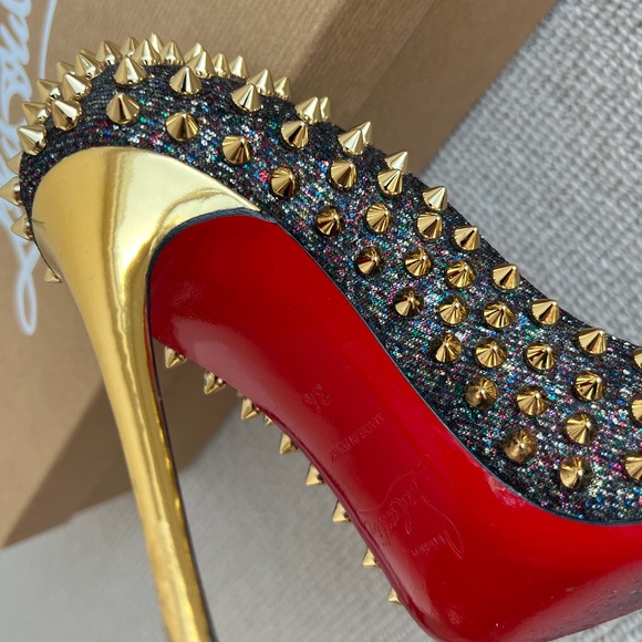 Christian Louboutin Follies Spikes 100mm Glitter Resille/Spec, Size EU 34 - Picture 7 of 11